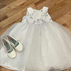 White and Silver Floral Kids Dress with shoes